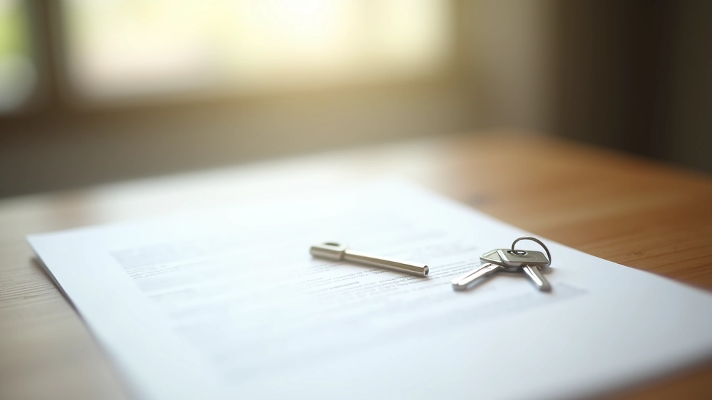 Close-up of hands holding apartment keys with lease document visible on table