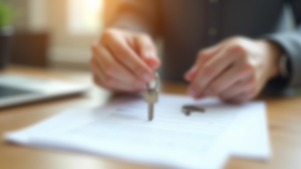 Close-up of hands holding rental property keys over lease agreement document