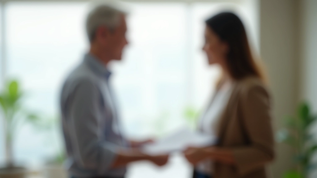 Two people having a conversation in apartment living room, professional attire, one holding clipboard, natural light from windows