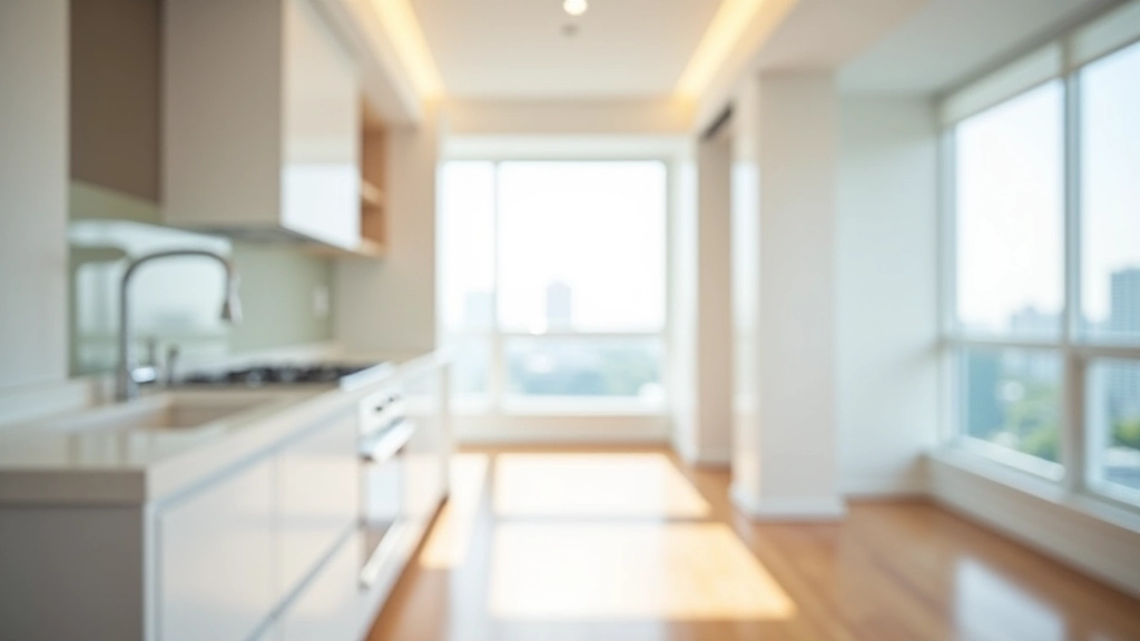 Interior of modern apartment showing kitchen and living area, bright natural light, clean white walls, hardwood flooring visible