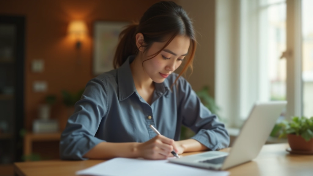 Person checking off items on verification checklist with pen, organized notes and documents on desk